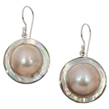 925 Silver Round Mabe In Shell Blister Pearl Sterling Earrings, 7/8"