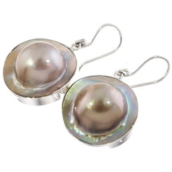 925 Silver Round Mabe In Shell Blister Pearl Sterling Earrings, 7/8"