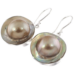 925 Silver Round Mabe In Shell Blister Pearl Sterling Earrings, 7/8"