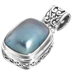 925 Silver Pacific Ocean Cultured Blue Mabe Pearl Filigree Sterling Pendant, 1"