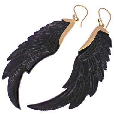 Exquisite Wing Black Bison horn Hand Carving Drop Earrings, 2 3/4"