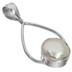925 Silver White Coin Freshwater Pearl Hoop Sterling Pendant, 1 5/8"