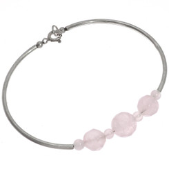 925 Silver Rose Quartz Faceted Gems Bangle Bracelet, 7"