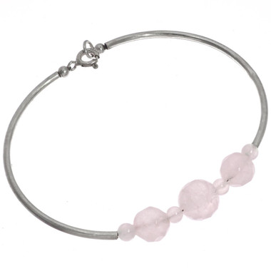 925 Silver Rose Quartz Faceted Gems Bangle Bracelet, 7"