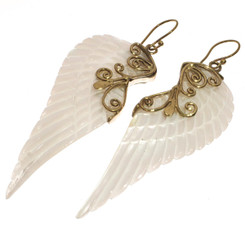 Exquisite Angel Wing White Mother Of Pearl Shell Hand Carving Earrings, 2 1/2"