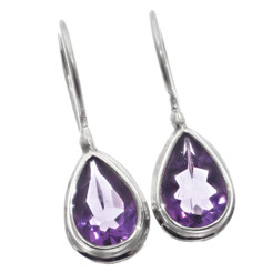 925 Silver Simple Pear Teardrop Amethyst Sterling Lock Fish-hook Earrings, 1/2"