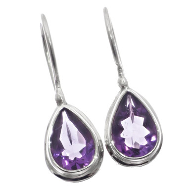 925 Silver Simple Pear Teardrop Amethyst Sterling Lock Fish-hook Earrings, 1/2"