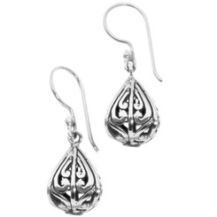 925 Silver Bali Art Scroll Work Teardrop Sterling Earrings, 3/4"