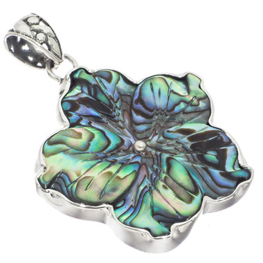 925 Silver Flower New Zealand Paua Abalone Shell Sterling Pendant, 1 1/2"
