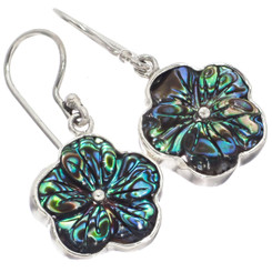925 Silver Flower Design Paua Abalone Peridot Sterling Earrings, 5/8"