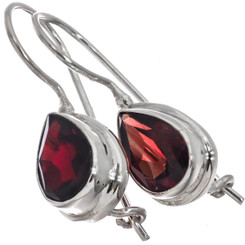 925 Silver Simple Natural Garnet Teardrop Sterling Lock Fish-hook Earrings, 1/2"