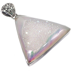 925 Silver Triangle White Opal Titanium Druzy Drusy Sterling Pendant, 1 3/4"