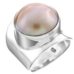 925 Silver Heavy Wide Champagne Gold South Pacific Mabe Pearl Sterling Ring