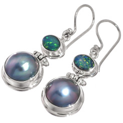 925 Silver Genuine Australian Opal Blue Ocean Mabe Pearl Sterling Earrings, 1"