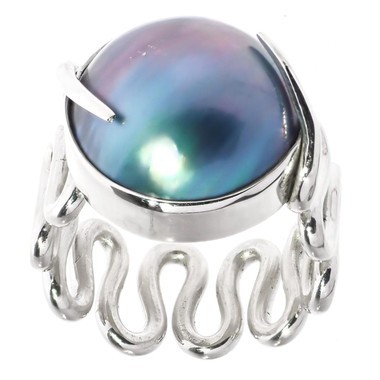 Blue Mabe Cultured Pearl Bali Handmade 925 Sterling Silver Ring