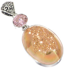 925 Silver Pink Quartz Pink Azalea Titanium Druzy Drusy Pendant, 2 1/4"