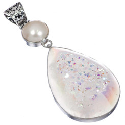 925 Silver Pear Opal Titanium Druzy Drusy White Mabe Pearl Sterling Pendant, 3"