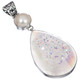 925 Silver Pear Opal Titanium Druzy Drusy White Mabe Pearl Sterling Pendant, 3"