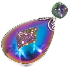 925 Silver Sparkling Mystic Topaz Titanium Druzy Drusy Sterling Pendant, 2 5/8"