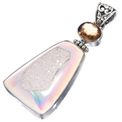 925 Silver White Opal Titanium Agate Druzy Blue Topaz Sterling Pendant, 2 1/8"