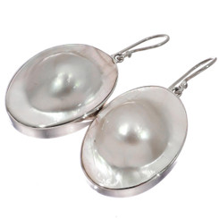925 Silver Round White Oyster Blister Mabe Pearl In Shell Earrings, 1 1/4"