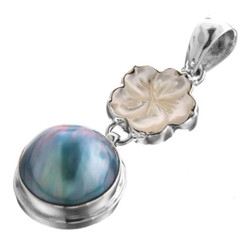 925 Silver Blue Mabe Pearl Mother Of Pearl Shell Flower Sterling Pendant, 1 3/4"