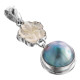 925 Silver Blue Mabe Pearl Mother Of Pearl Shell Flower Sterling Pendant, 1 3/4"