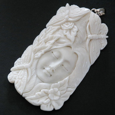 Handcrafted Goddess Butterfly Bison Bone Sterling Silver Pendant, 3 3/8"