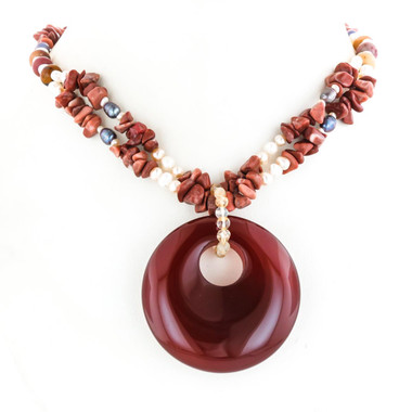 Opulent Carnelian Pendant And Pearls Silver Necklace, 1 7/8"