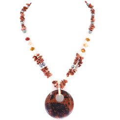 925 Silver Jasper Donut Pendant Gem Chips Pearls Sterling Necklace, 18"