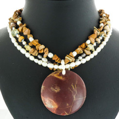 Opulent Red Jasper Pendant And Pearls Silver Necklace, 2"