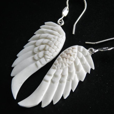 925 Silver Handcrafted Eagle Angel Wings Bison Bone Sterling Earrings, 1 3/4"