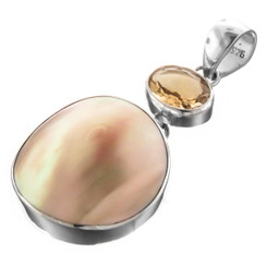 925 Silver Gold Abalone Shell 3ct Citrine Pendant, 1 9/16"