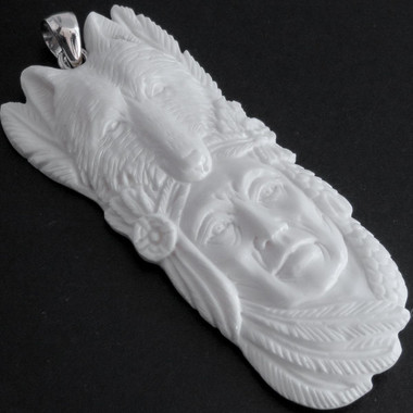 925 Silver Handcarved Wolf Indian Chief Bison Bone Sterling Pendant, 3 1/8"