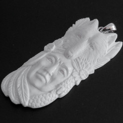 925 Silver Handcarved Wolf Indian Chief Bison Bone Sterling Pendant, 3 1/8"