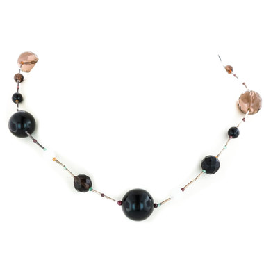 925 Silver Elegant Smoky Quartz Onyx Strand Necklace, 17-19"