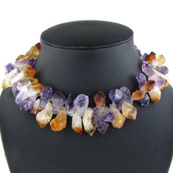 925 Silver Opulent Amethyst Citrine Crystal Raw Stone Choker Necklace, 17"