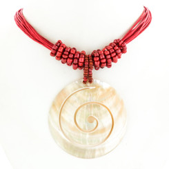 Tribal Spiral Mother Of Pearl Shell Coral Red Rope Necklace, 2 3/8"