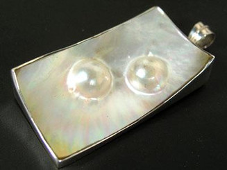 925 Silver Triple Mabe Blister Pearl On Oyster Shell Sterling Pendant, 3 1/4"