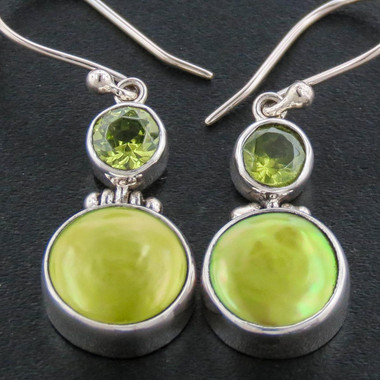 Green Biwa Culture Pearl Natural Peridot Sterling Silver Earrings, 3/4"