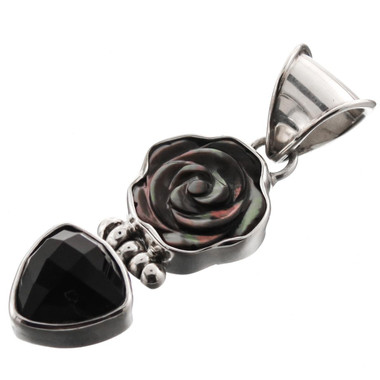 925 Silver Mother Of Pearl Shell Flower Onyx Sterling Pendant, 1 5/16"