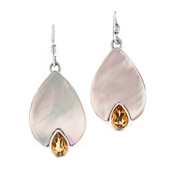 925 Silver Mother Of Pearl Shell Citrine Sterling Earrings, 1"