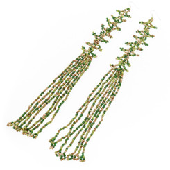 Bohemian Green Beige Beads Dangling Chandelier Long Drop Earrings, 8 1/4"
