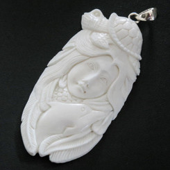 925 Silver Carved Sea Goddess Turtle Dolphin Bison Bone Sterling Pendant, 3"