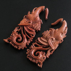 Hindu God Ganesha Fake Gauge Natural Wood Handcarved Post Earrings, 3"