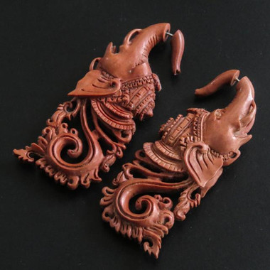 Hindu God Ganesha Fake Gauge Natural Wood Handcarved Post Earrings, 3"