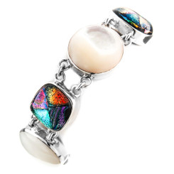 Heavy 925 Silver White Mother Of Pearl Dichroic Glass Sterling Bracelet, 7"