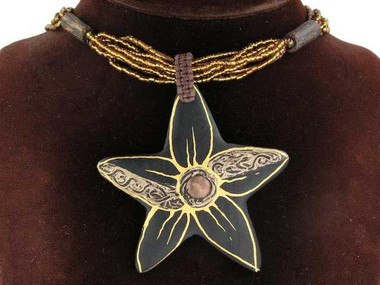 Flower Sono Wood Handpainted Bronze Beads Necklace, 2 3/8"