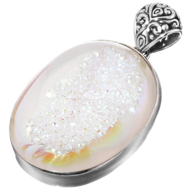 925 Silver Oval White Opal Titanium Druzy Drusy Sterling Pendant, 2 1/4"