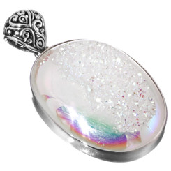 925 Silver Oval White Opal Titanium Druzy Drusy Sterling Pendant, 2 1/4"